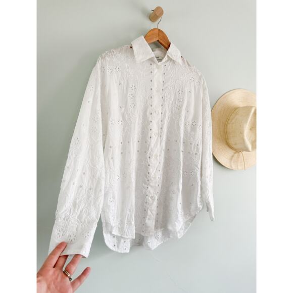 Madewell | NWT Embroidered Oversized Button-Up Shirt in White | Sz S - Picture 3 of 11